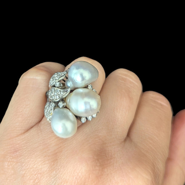 Vintage Diamonds Baroque Pearls 14k White Gold Huge Cocktail Ring Estate Jewelry on hand