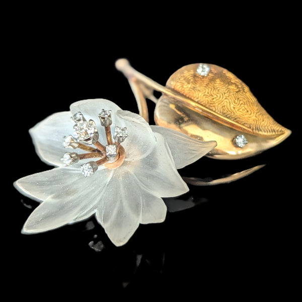 Vintage Diamonds Carved Rock Crystal 14k Yellow Gold Flower Brooch Retro Estate