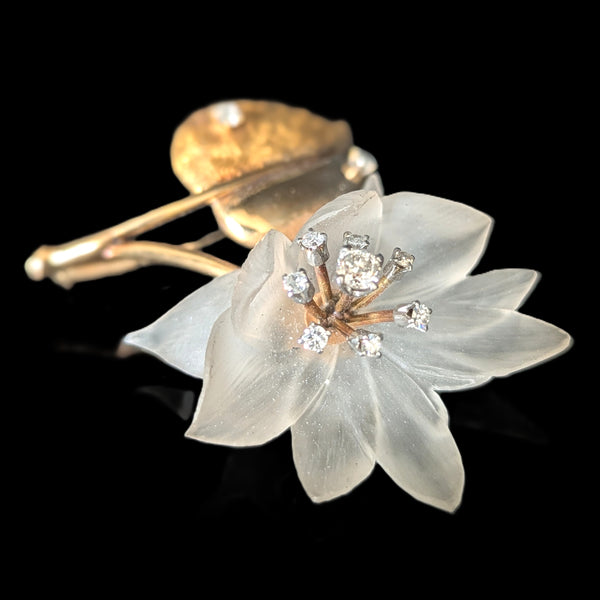 Vintage Diamonds Carved Rock Crystal 14k Yellow Gold Flower Brooch Retro Estate