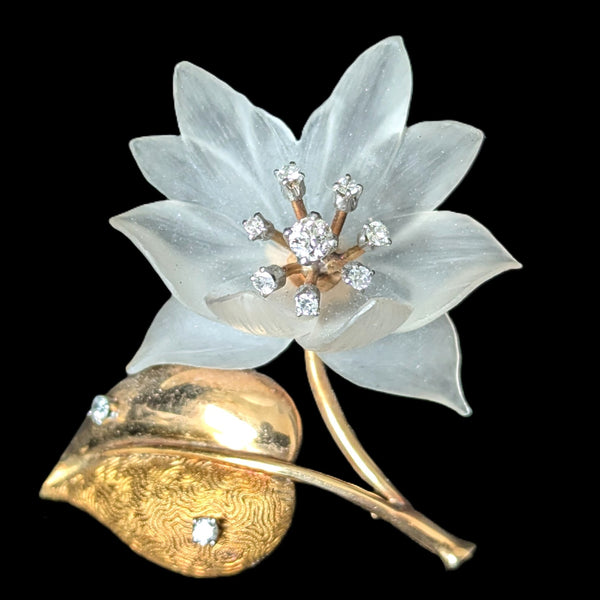 Vintage Diamonds Carved Rock Crystal 14k Yellow Gold Flower Brooch Retro Estate