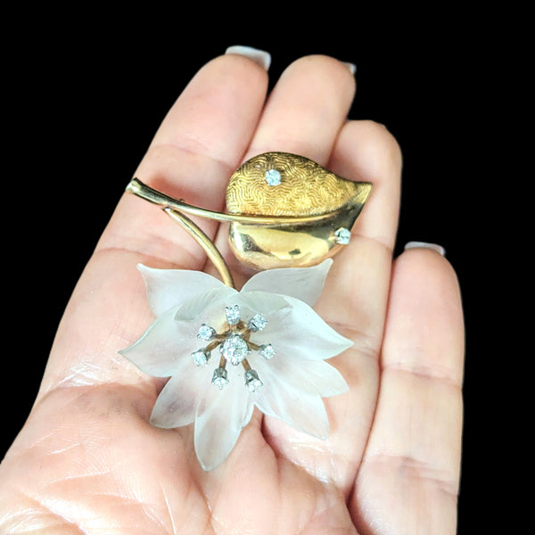 Vintage Diamonds Carved Rock Crystal 14k Yellow Gold Flower Brooch Retro Estate
