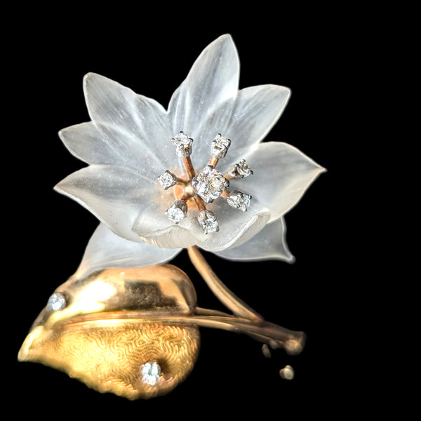 Vintage Diamonds Carved Rock Crystal 14k Yellow Gold Flower Brooch Retro Estate