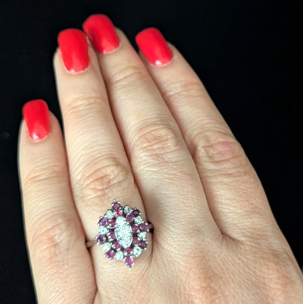 Darien - Vintage Diamonds Gemstones 14k White Gold Navette Cocktail Ring