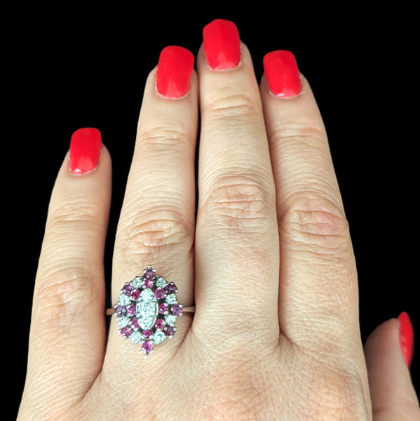 Darien - Vintage Diamonds Gemstones 14k White Gold Navette Cocktail Ring