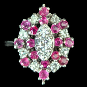 Darien - Vintage Diamonds Gemstones 14k White Gold Navette Cocktail Ring