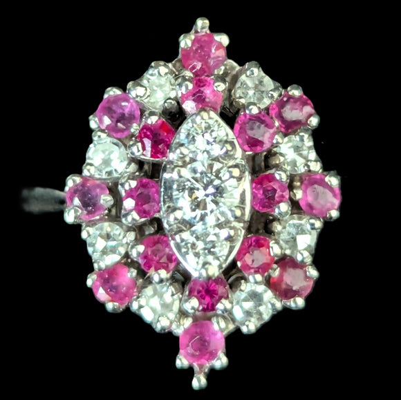 Darien - Vintage Diamonds Gemstones 14k White Gold Navette Cocktail Ring