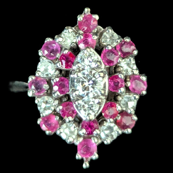 Darien - Vintage Diamonds Gemstones 14k White Gold Navette Cocktail Ring