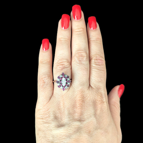 Darien - Vintage Diamonds Gemstones 14k White Gold Navette Cocktail Ring