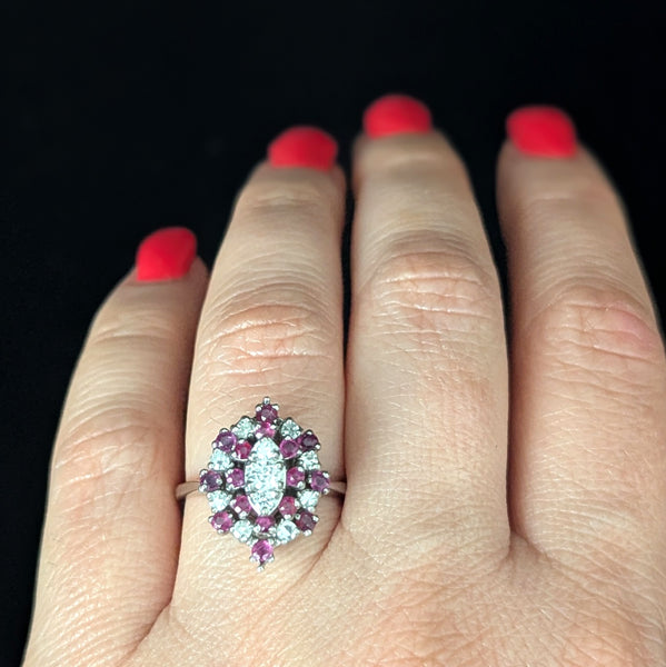 Darien - Vintage Diamonds Gemstones 14k White Gold Navette Cocktail Ring