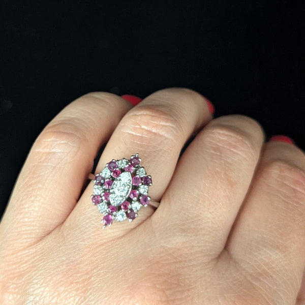 Darien - Vintage Diamonds Gemstones 14k White Gold Navette Cocktail Ring