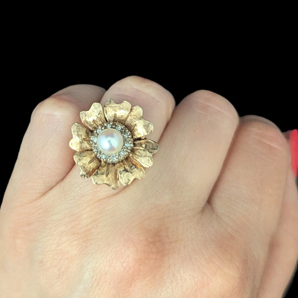 Vintage Diamonds Pearl 14k Yellow Gold Flower Cocktail Ring Retro Estate c.1960s