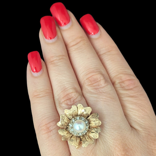 Vintage Diamonds Pearl 14k Yellow Gold Flower Cocktail Ring Retro Estate c.1960s