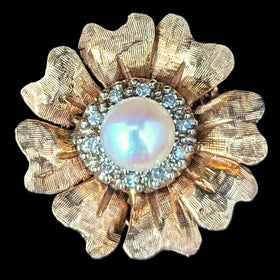 Vintage Diamonds Pearl 14k Yellow Gold Flower Cocktail Ring Retro Estate c.1960s