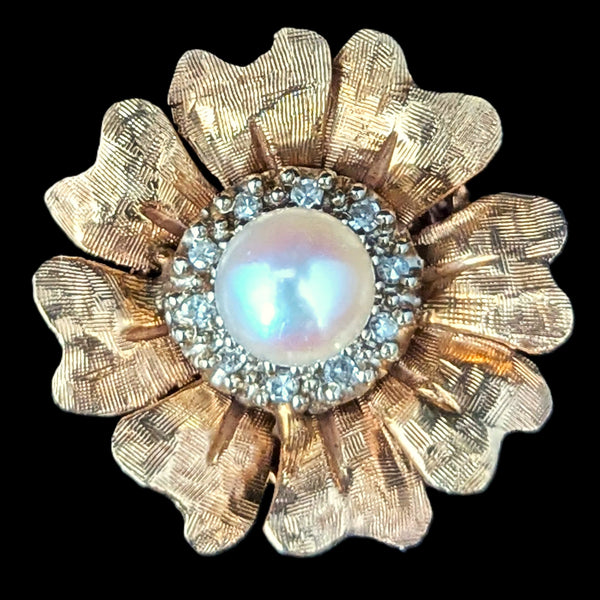 Vintage Diamonds Pearl 14k Yellow Gold Flower Cocktail Ring Retro Estate c.1960s