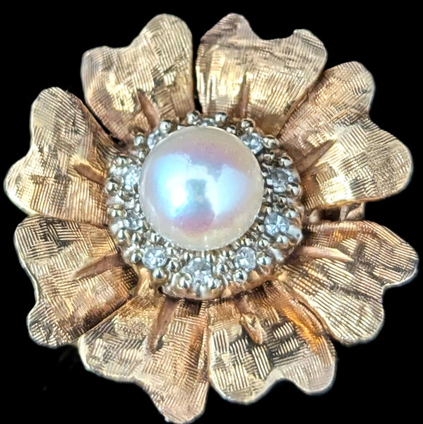 Vintage Diamonds Pearl 14k Yellow Gold Flower Cocktail Ring Retro Estate c.1960s