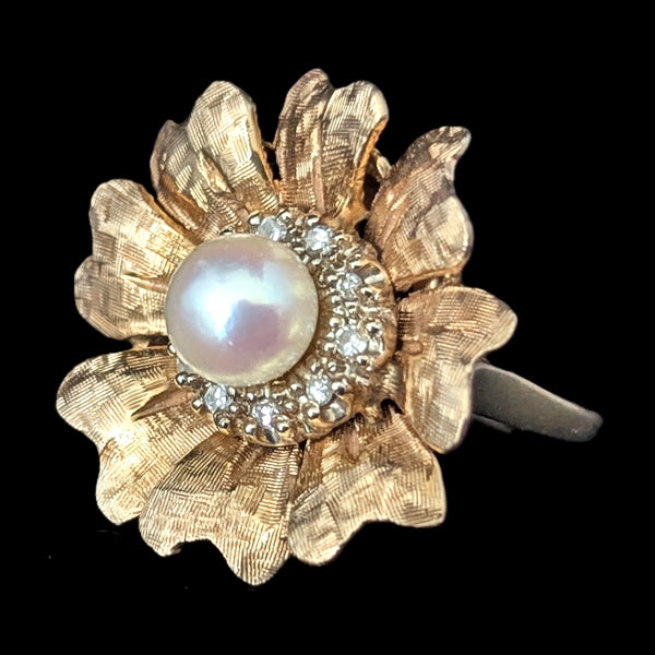Vintage Diamonds Pearl 14k Yellow Gold Flower Cocktail Ring Retro Estate c.1960s