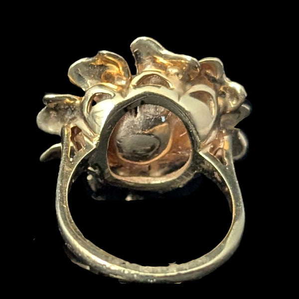 Vintage Diamonds Pearl 14k Yellow Gold Flower Cocktail Ring Retro Estate c.1960s