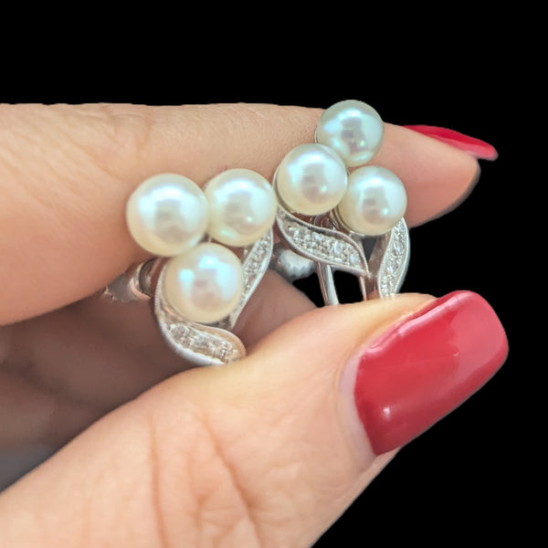 1950s Vintage Diamonds Pearls 14k White Gold Earrings Retro Non Pierced Screws 