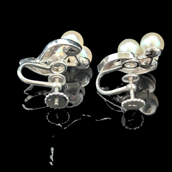1950s Vintage Diamonds Pearls 14k White Gold Earrings Retro Non Pierced Screws 