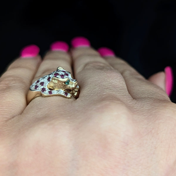The Stanford - Estate Diamond Ruby Emerald 10k Gold Panther Ring