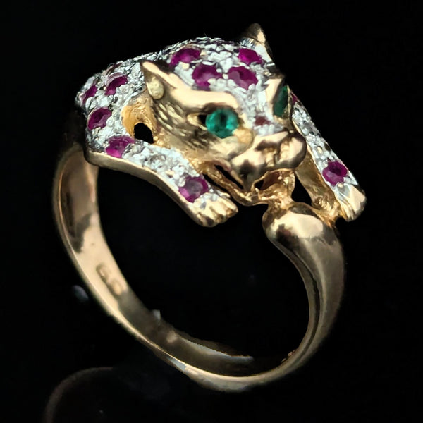 The Stanford - Estate Diamond Ruby Emerald 10k Gold Panther Ring