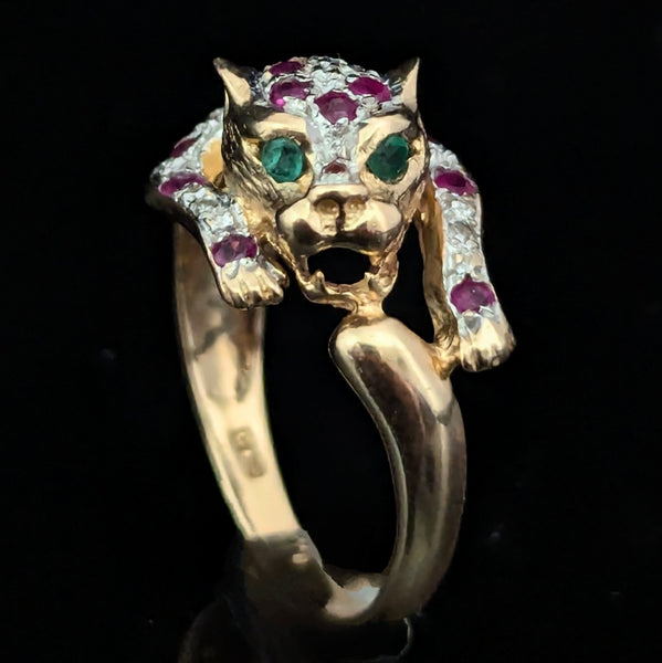 The Stanford - Estate Diamond Ruby Emerald 10k Gold Panther Ring