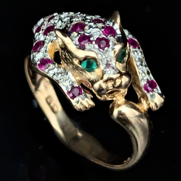 The Stanford - Estate Diamond Ruby Emerald 10k Gold Panther Ring