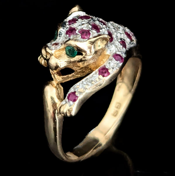 The Stanford - Estate Diamond Ruby Emerald 10k Gold Panther Ring