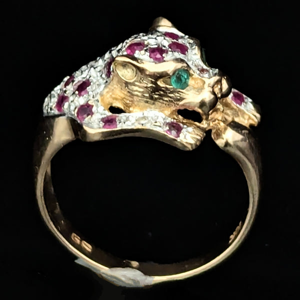 The Stanford - Estate Diamond Ruby Emerald 10k Gold Panther Ring