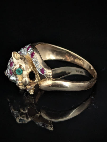 The Stanford - Estate Diamond Ruby Emerald 10k Gold Panther Ring