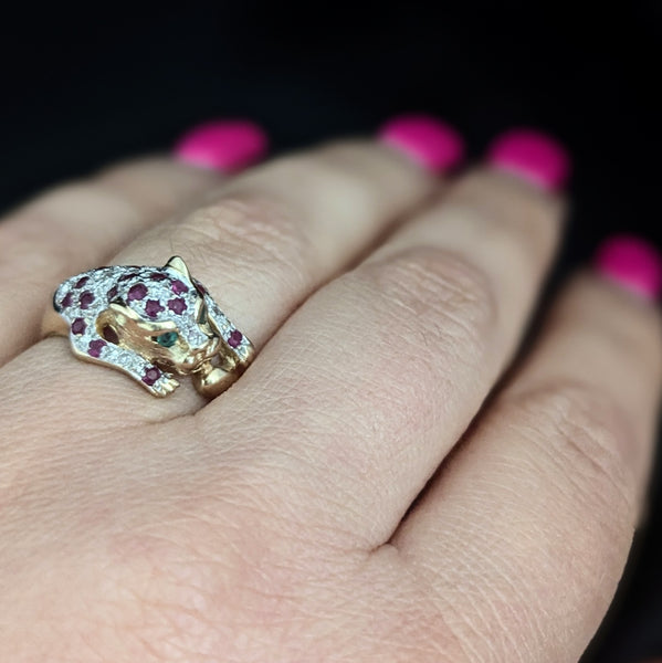 The Stanford - Estate Diamond Ruby Emerald 10k Gold Panther Ring