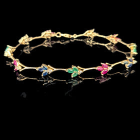 Vintage Diamonds Rubies Emeralds Sapphires 10k Yellow Gold Floral Bracelet Estate
