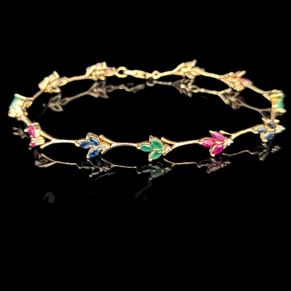 Vintage Diamonds Rubies Emeralds Sapphires 10k Yellow Gold Floral Bracelet Estate