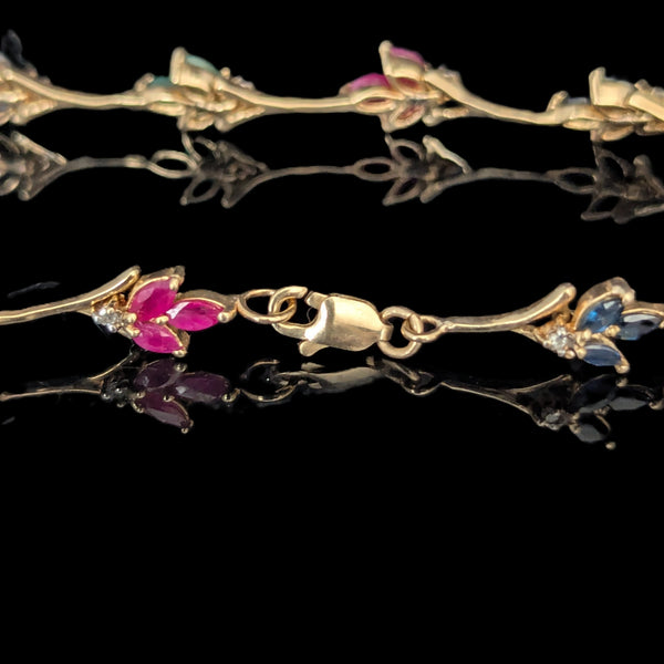 Vintage Diamonds Rubies Emeralds Sapphires 10k Yellow Gold Floral Bracelet Estate