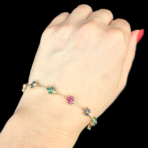 Vintage Diamonds Rubies Emeralds Sapphires 10k Yellow Gold Floral Bracelet Estate