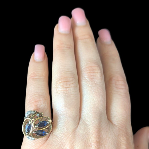 Vintage Diamonds Sapphires 14k Yellow Gold Cocktail Ring Retro Estate Jewelry