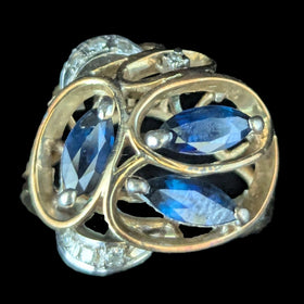 Vintage Diamonds Sapphires 14k Yellow Gold Cocktail Ring Retro Estate Jewelry