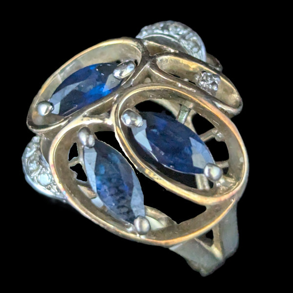 Vintage Diamonds Sapphires 14k Yellow Gold Cocktail Ring Retro Estate Jewelry