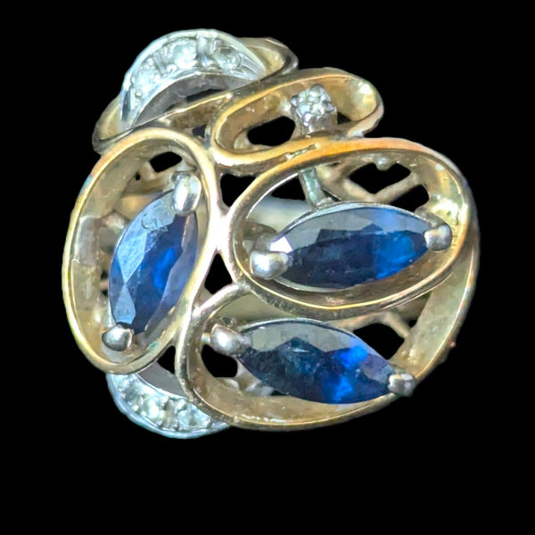 Vintage Diamonds Sapphires 14k Yellow Gold Cocktail Ring Retro Estate Jewelry
