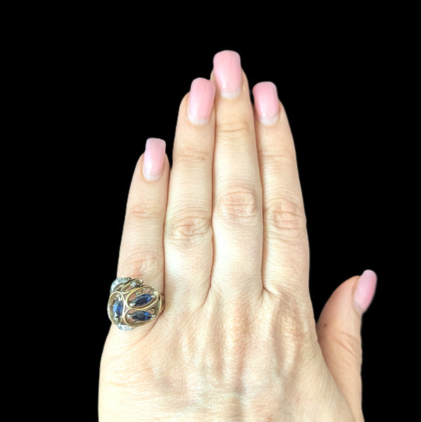 Vintage Diamonds Sapphires 14k Yellow Gold Cocktail Ring Retro Estate Jewelry