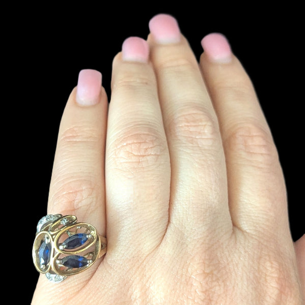 Vintage Diamonds Sapphires 14k Yellow Gold Cocktail Ring Retro Estate Jewelry
