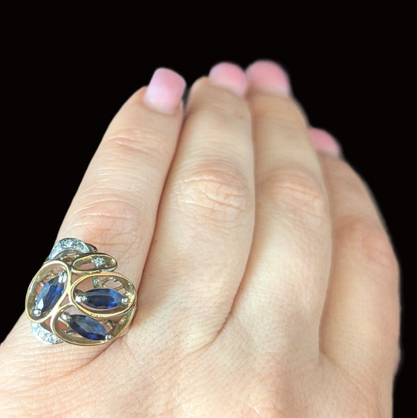 Vintage Diamonds Sapphires 14k Yellow Gold Cocktail Ring Retro Estate Jewelry