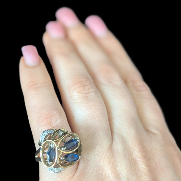 Vintage Diamonds Sapphires 14k Yellow Gold Cocktail Ring Retro Estate Jewelry