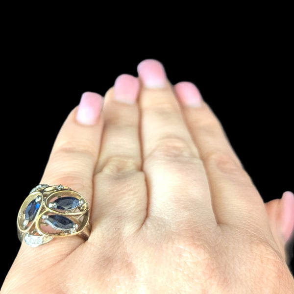 Vintage Diamonds Sapphires 14k Yellow Gold Cocktail Ring Retro Estate Jewelry