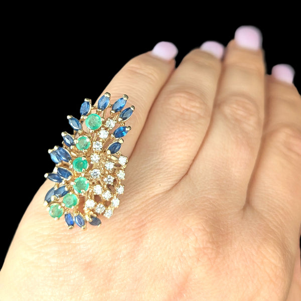Vintage Diamonds Sapphires Emeralds 14k Yellow Gold Huge Cocktail Ring Cluster Spray on hand