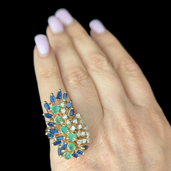 Vintage Diamonds Sapphires Emeralds 14k Yellow Gold Huge Cocktail Ring Cluster Spray on hand
