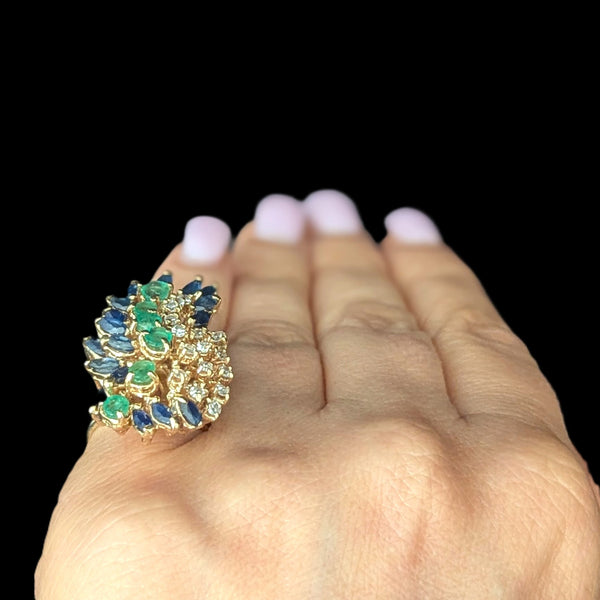 Vintage Diamonds Sapphires Emeralds 14k Yellow Gold Huge Cocktail Ring Cluster Spray on hand
