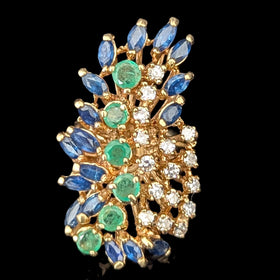 Vintage Diamonds Sapphires Emeralds 14k Yellow Gold Huge Cocktail Ring Cluster Spray 