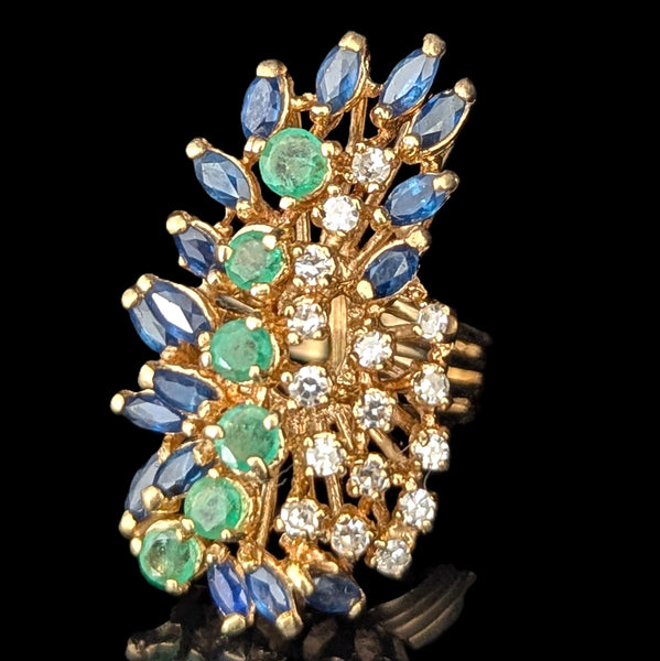 Vintage Diamonds Sapphires Emeralds 14k Yellow Gold Huge Cocktail Ring Cluster Spray 