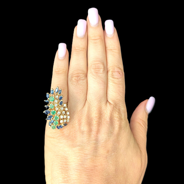 Vintage Diamonds Sapphires Emeralds 14k Yellow Gold Huge Cocktail Ring Cluster Spray on hand